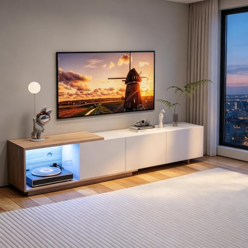 BIYFSDS Mobile TV modulare con illuminazione a LED, mobile TV estensibile con 3 cassetti, armadio per TV con deposito aperto, set mobile TV moderno (bianco-1, 240 x 38 x 44)
