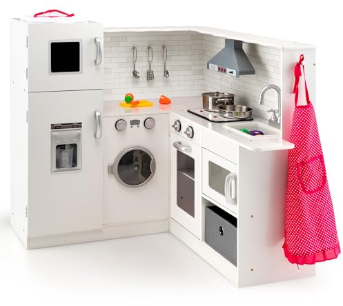 GYMAX Kids Toy Kitchen, Wooden Corner Play Kitchen with Lights, Sounds, Washing Machine, Range Hood, Ice Dispenser, Apron & Chef Hat, Children Role Play Kitchen for 3 Years Old + (White)