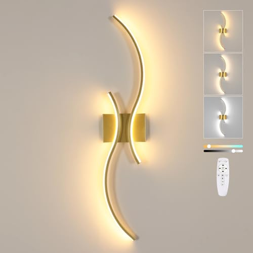 Goeco Applique da Parete Interno LED, 32W Oro Lampada da Parete Moderna Dimmerabile con Telecomando, 3000K-6500K, Lampada a Muro in Alluminio per Soggiorno Camera da Letto Corridoio Scale