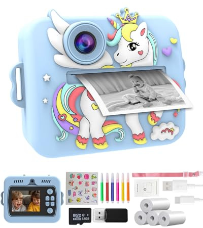 Macchina Fotografica Bambini Istantanea Unicorno, Fotocamera Digitale per Piccoli Fotografi con Stampa Immediata e 4 Rotoli, Giochi Creativi e Scheda 32GB, Ragazza 3-12 Anni