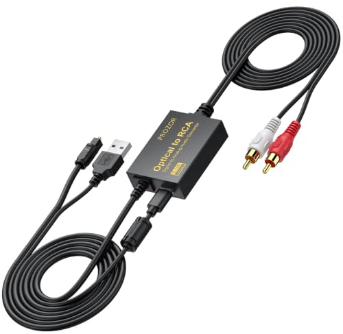 PROZOR Convertisseur Optique vers RCA avec Décodeur Dolby DTS 5.1 Auto-Décodage sans PCM Amplificateur Intégré Câble RCA Intégré 2.1m Câble USB avec Noyau Ferrite Pour TV Ampli HiFi Enceintes
