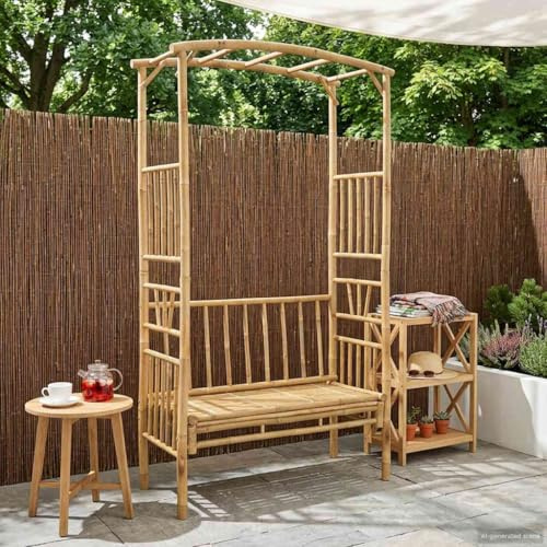 Ziaphsol Arco de jardín con banco de bambú, 115 x 50 x 205 cm, enrejado y arco para patio, cenador para plantas trepadoras como rosas y clemátides
