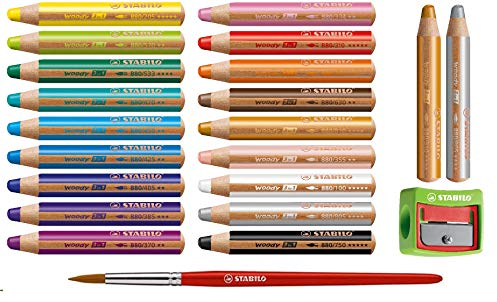 STABILO - Buntstift, Wasserfarbe & Wachsmalkreide - woody 3 in 1 - 18er Pack mit Spitzer und Pinsel & Gold und Silber