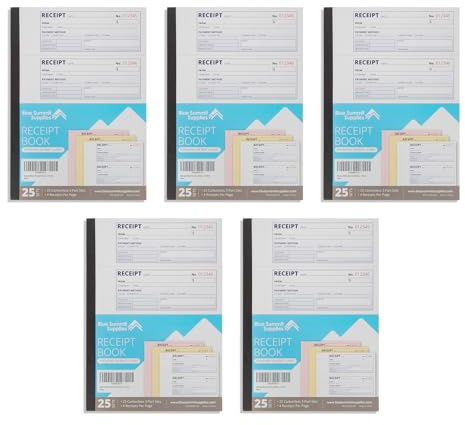 Blue Summit Money Rent Receipt Book with Carbon Copies, Receipt Books 3 Part Carbonless for Landlords, Small Business, and Payments, Paper Triplicate Copies, 11x7.5'',100 per Book, 500 Total, 5 Pack,