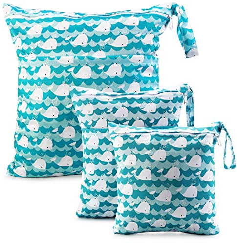 CeeKii Wet Dry Cloth Windeltaschen 3er Pack Windeltaschen Nasstaschen Waschbare Reisetaschen, wasserdichte Wet Bag,Baby Reusable Beach Pool Gym Bag mit Reißverschlusstasche und Druckknopfgriff