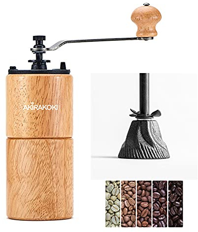 Akirakoki Manuelle Kaffeemühle Holz Kaffeemühle mit Gusseisen-Frässtift, Große Kapazität Holz Handkurbel, Tragbar Verstellbar (Helles Holz)