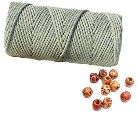Macrame Cord 4mm 100m Cotton Rope 1 Pack Sage Green,Natural 4 Strands Twist Cotton Rope Macrame 4mm for Handmade Knitting Colored Wall Hanging Weaving Tapestry