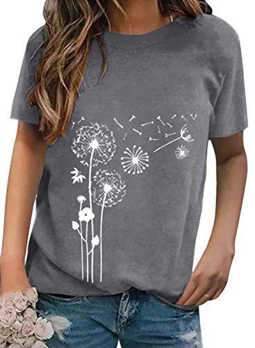 Dokotoo T-Shirt Damen Sommer Kurzarm Oberteile Pusteblume Drucken Tee Tops Casual Rundhals Loose Shirts Blusen S-XXL