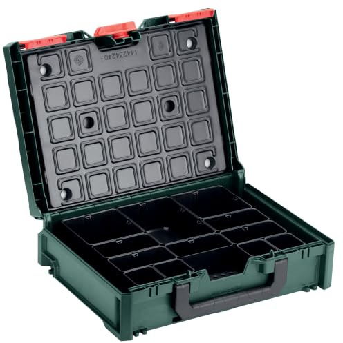 metabo metaBOX 118 Organizer mit 12 Einsatzboxen, IP43, 396 x 296 x 118 mm | 8,4 Liter, Kleinteilekoffer aus ABS, stapelbar, max. Deckeltraglast 125 kg, mit herausnehmbaren Einsatzboxen und Etiketten