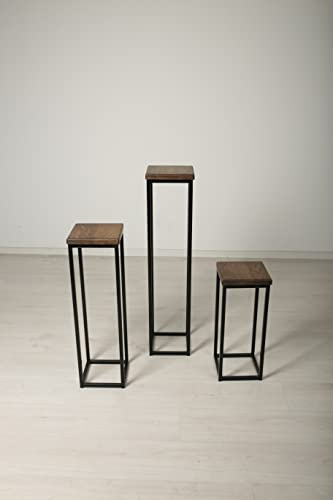 1 BestLoft Blumensäule Dora aus Eiche - Dekosäule im schlanken Design + Stahlgestell (Gestell Schwarz Platte Dunkel, Höhe 70cm)