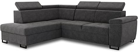 Sofnet Ecksofa Natan mit Schlaffunktion und einstellbare Kopfstützen - Wohnlandschaft mit Metallfüßen, Couchgarnitur, Bettkasten, Sofagarnitur, Sofa (Ecksofa Links, Dunkelgrau (Kronos 22))