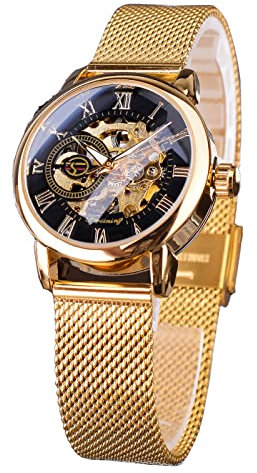 FORSINING Automatische, mechanische Damenuhr mit goldfarbenem Zifferblatt und Edelstahl-Mesh-Armband, römische Ziffern, automatisches Aufziehen, oro, Luxury