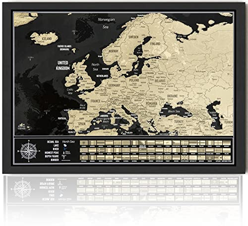 Framed Scratch off Europe map, State lines and 54 national flags, Map with wooden frame