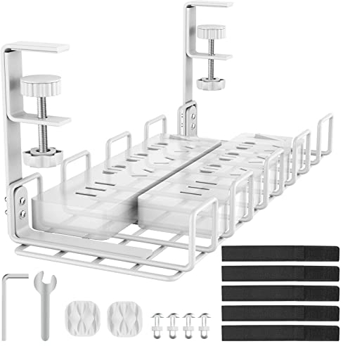 REFLYING No Drilling Under Desk Cable Management Tray, Upgraded Cable Tray with Clamp for Desk, Sturdy Metal Wire Management Raceway Tray for Power Strips, White, 1 Pack