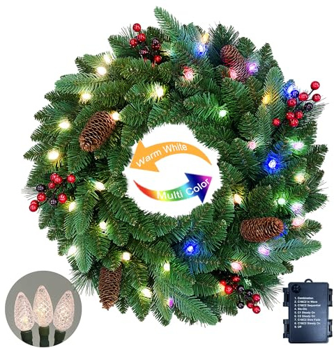 Assilyraft 26 inches Pre-lit Artificial Christmas Wreath with Red Berries, Pine Cones, 40 C3 Dual-Color Multi-Functional Battery Operated LED Lights with Timer