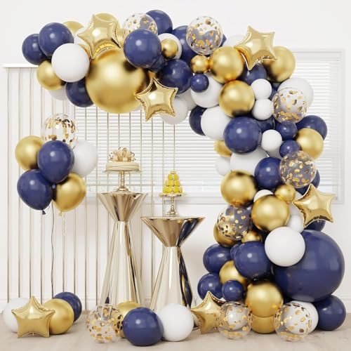 Palloncino Blu Arch Kit, 128 Pz Blu Navy Oro Bianco Palloncino Arco Ghirlanda Con Confetti Palloncini, 18 12 10 5 Pollici Palloncini Blu Scuro per Compleanno Graduazione Matrimonio Decorazione Festa