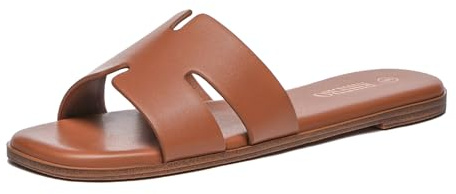 Rihero Women's Dressy Flat Sandals Comfortable Slip On Leather Slide Tan Sandals Size 7.5
