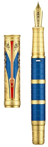 HONG DIAN D5 Qin Dynasty Fountain Pen Blue Gold, Extra Fine Nib Piston Filling Pen, Retro Chinese Totem Engraving Smooth Writing Pen with Pen Box Set