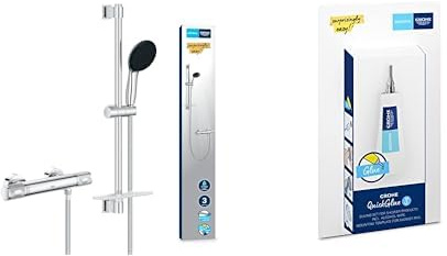 Grohe Precision Feel - Thermostat Brauseset wassersparend ~8l/min + Kleber (3 Strahlarten, CoolTouch - kein Verbrühen am Thermostat, 60cm Brausestange, inkl. Montagewerkzeug), rund, chrom