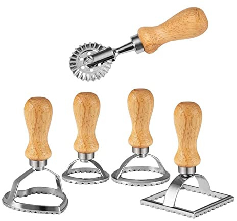 Lot de 5 Moulle à Ravioli, Emporte-Pièce à Ravioli avec Manche en Bois, Moule Coupeurs de Raviolien, Découpe Ravioles Raviolis pour Faire des Raviolis, Empanadillas Biscuits