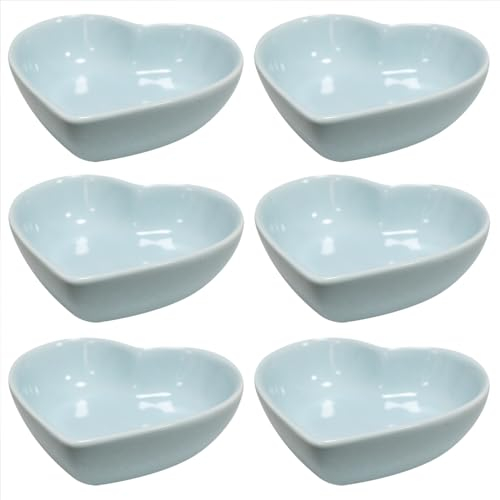 Xmomx 6 pcs Light Blue Heart Shaped Porcelain Soy Sauce Dish Ceramic Dip Dipping Bowls for Dinner Baking BBQ and Cooking