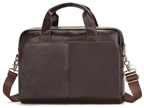VINBAGGE Maletín de Piel Vacuno Genuino Portadocumentos Bolso Mensajero para portátil 15,6 pulgadas Maletines Hombre Bandolera de cuero para Trabajo Viaje, H-Marrón