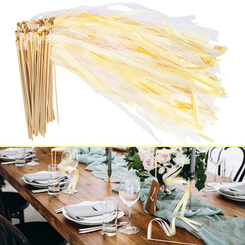 WEDNOK 50 Stück Wedding Wands Hochzeit Zauberstäbe Hochzeitswand mit Glocke Hochzeitsbänder Champagner Hochzeitsfeier Holzstäbchen für Party Hochzeit Geburtstag Weihnachten Abschulssfeier