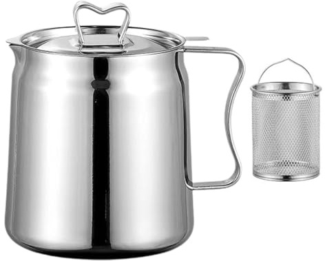 Recipiente para aceite de cocina usado, olla de filtro de aceite de acero inoxidable, olla de gran capacidad y cesta de malla fina de alta densidad – Olla para freidora con mango, lata de grasa para