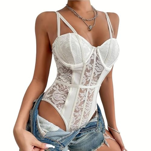 Haibang Women's Sexy Floral Lace Sheer Mesh Spaghetti Strap Cami Bodysuit Top Slim Fit Lingerie Bodysuit Sleeveless Corset Bustier Going Out Tank Top Clubwear