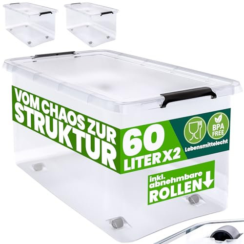 Deuba® 2X Cajas de Almacenamiento 60L Tapa Clips de Cierre Transparentes Almacenaje Juguetes Ruedas Apilable