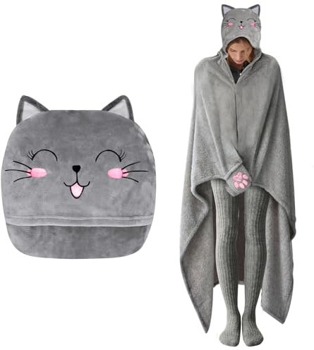 ZQEJEFD Coperta Indossabile con Maniche e Cappuccio, Flanella per Donna e Uomo, Coperta Divano, Regalo Compleanno Natale, TV Blanket, Gatto Grigio, 170 x 200 cm