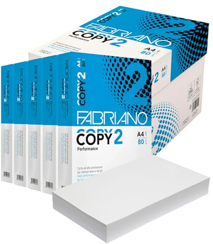 Carta A4 Fabriano Copy 2, 5 Risme Eurocali da 500 Fogli - 2500 Totali, Carta Multiuso da 80gr Per Ufficio, Stampante, Fotocopie