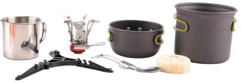 beiyaiey Camping Pot and Pan Set with Mini Backpacking Stove Cooking Gear for Outdoor Hiking Campfire Green