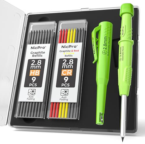 Nicpro CP3000 Carpenter Pencil with Sharpener, Mechanical Pencils Set with 19 Refills, Deep Hole Marker for Construction, Heavy Duty Woodworking Pencils, Carpenter Tools for Architect Marking (Green)