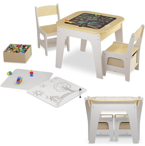Juskys Kindersitzgruppe Milou - Set mit 2 Stühlen & 1 Tisch - Kindertisch Holz - Spieltisch mit Stauraum - Sitzgruppe für Kinder, Maltisch - Natur