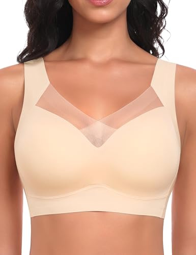 Ganado Sujetador sin Aros Mujer Sujetadores Encaje con Relleno Push up Deportivo Bralette Comodos, Beige, XXL