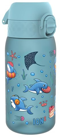 Ion8 Borraccia per Bambini, 350 ml, a Prova di Perdite, Facile da Aprire, Serratura Sicura, Lavabile in Lavastoviglie, Senza BPA, Maniglia per il Trasporto, Facile Pulizia, Squali