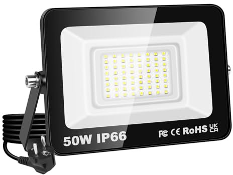 SKYWORLD 50W Led Floodlight Outdoor, 5000LM Work Lights with Plug, IP66 Waterproof Outside Security Lights for Garage Garden Yard Patio Workshop Job Site, 6000K Cold White