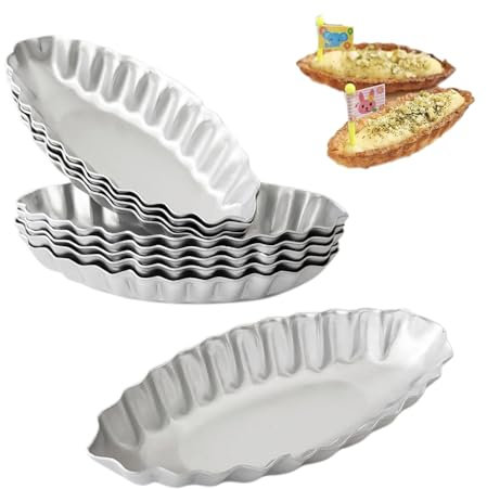 Heluok Lot de 10 moules à tartelettes en forme de bateau - Bord cannelé - En aluminium - Réutilisable - Pour petites tartelettes et quiches