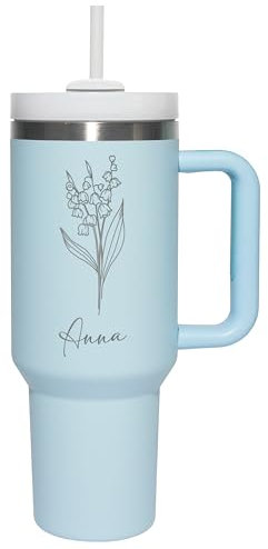 Thermobecher personalisiert „Wunschname“ mit Gravur & Blumen-Motiv - Trinkbecher mit Deckel und Strohhalm 1,2 l / 40 oz - personalisiertes Geschenk Geburtstag Weihnachten - Farbe Baby Blue