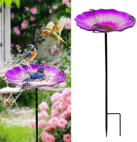Herfair Vogeltränke Stehend 22 cm Vogelbad Gartendeko Glas Vogelfutterhaus Blumen Wasserschale Gartenstecker für Draußen Rasen