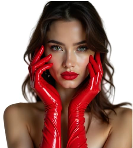 illuevagrun Naturkautschuk Latex Handschuhe für Damen mit Schleife Glänzend Cosplay Kostüm Party Clubwear (Roter, M)