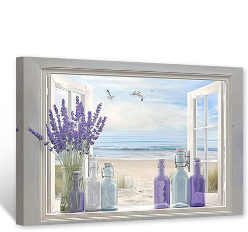 CXHOSTENT Badezimmer-Lavendel-Dekor Bauernhaus-Badezimmer-Wandkunst Lavendel-Leinwanddrucke rustikales Blumenbild Blumen-Kunstwerk Landhausküche Dekor Rahmen (40.00 x 60.00 cms)
