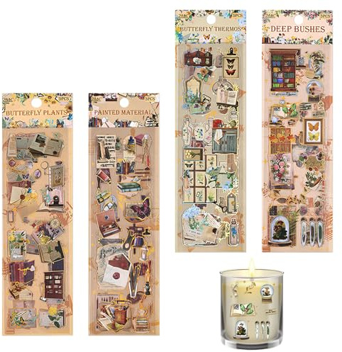 EULAPGOE Adesivi per Scrapbooking 320 Pezzi Stickers Decorativi Vintage 16 Fogli 6x18cm Pet Trasparente per diario Artistico journaling Fai da Te