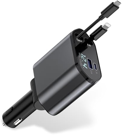 Retractable Car Charger, 4-in-1 Car Phone Charger 120W Fast Charge with 2 Retractable Cables and 2 USB Ports, Multi-Device Car Phone Charger Adapter for Cars, Trucks and Vans, Multifunctional