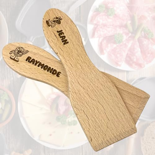 Spatule à Raclette Personnalisée Prénom Bois Français | Lot de 2 Spatules, Bois du Jura Verni Alimentaire, Prénom et Motif Gravés, Cadeau Raclette, Fabriqué en France