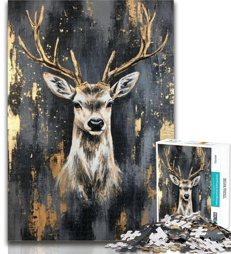 Puzzles für Teenager, Ölgemälde mit Hirschen, Puzzles für Teenager, 1000, Stressabbau, schwierige Herausforderung, stärkt die Liebe zwischen Paaren, 26x38cm