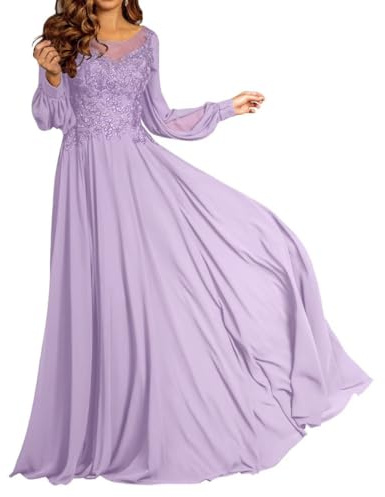 HAIBFJIN Vestidos de gasa para la madre de la novia Manga larga Vestido de invitado de novia Apliques de encaje Vestidos formales Vestidos de noche, Lilas, 50