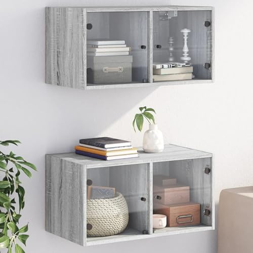 Zeehear Wandschränke mit Glastüren, 2er-Set, Grau Sonoma, 68,5x37x35 cm, Holzwerkstoff, für Wohnzimmer und Büro, vielseitige Aufbewahrung