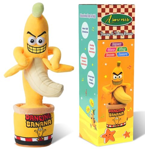 ASOVNIS Interactive Talking Dancing Banana Toy Repeats What You Say | Hilarious Gag Gift for Adults & Teens, Repeats Your Voice with Funny Tone, 120 Songs & LED Lights, Adjustable 5-level Volume